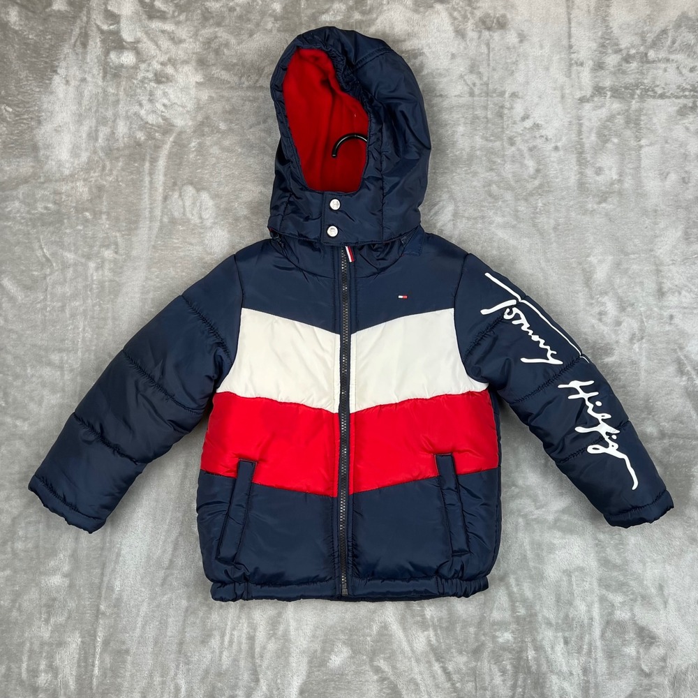 Tommy‎ Hilfiger Kids Puffer Jacket Red White Blue Colorblock Hooded Coat Size 4